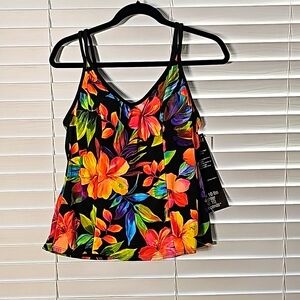 Miraclesuit Malibu Black & Floral Tankini Top Size 14 NWT